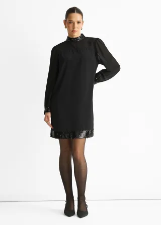 Schwarzes Minikleid mit Paillettenbesatz und hohem Gürtelausschnitt