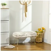 HOMCOM Fußhocker mit Samtoptik, gepolstertem Sitz, Metallbeine, Fußstütze (Sitzhocker, 1 St., Polsterhocker), für Wohnzimmer, Schlafzimmer, 76 x 38 x 41,5 cm, Cremeweiß