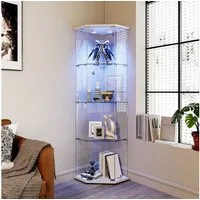 Simurq Glasvitrine Eckvitrine 162cm LED Sammlervitrine,4 Lagen Eck-Glasvitrine Stehend (Packung, Sammlervitrine Schauvitrine mit 1 türen und Schloss, Gehärtetes Glas) LED-Streifenbeleuchtung, Mit Schloss,Fünfeckiges Design,Einzeltür