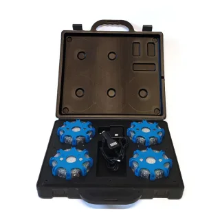 Signallicht-Koffer | Powerflare Plus Smart Sync 4er Set | blau | 4-fach Akku-Ladegerät (12/240 V) | Synchronisation innerhalb und außerhalb möglich