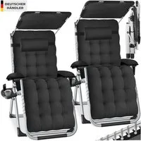 tectake Gartenstuhl Sonnenliege, klappbar, rutschfest, inkl. Ablagetisch und Stautasche (Terrassenstuhl Cloud II für Außen in Schwarz, 2 St), Belastbarkeit 200 kg, Sitz-, Arm- und Kopfpolster, mit Sonnendach
