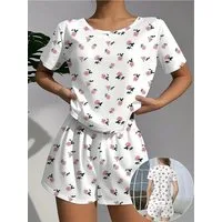 Elegant Love Shorty Damen-Schlafanzug-Set – Lässige Homewear mit floralem Blumenmotiv (Set, 2 tlg., Weiches Oberteil mit kurzen Ärmeln und elastischen Shorts) Elegante Nachtwäsche & komfortable Loungewear mit Blumenmuster