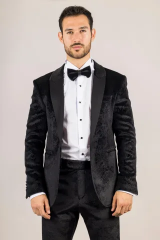 Herren schwarzer 3-teiliger Samt Hochzeitsanzug formell