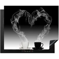 MuchoWow Herd-Abdeckplatte Kaffee - Herz - Wasserdampf - Schwarz - Weiß, Vinyl, (1 tlg), Herdabdeckplatten für Ceranfeld, Induktionsschutz, 65x55 cm