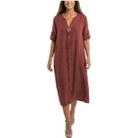 dy_mode Hemdblusenkleid Damen Leinenkleid Midi Hemdblusenkleid mit V-Ausschnitt Freizeitkleid in Unifarbe, V-Ausschnitt, mit seitlichen Eingriffstaschen