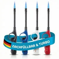 TOM Feuerzeuge 4 x Stabfeuerzeuge mit Sturmflamme Nachfüllbar (4-St), Sturmfeuerzeug - 28,3 cm - Kindersicherung - Gas-Füllstandanzeige
