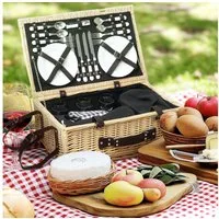 Outsunny Picknickkorb mit Isoliert Kühlfach, Picknickdecke, Besteck Set (Picknick Set für 4 Personen, 1 St., Picknickkoffer aus Weidenholz), für Camping Strand Weihnachten Naturholz