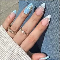 LuxusKollektion Kunstfingernägel Sommer Strand Press on Nägel 24 Stück Mandel Blau French Tips Gel