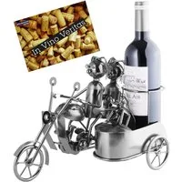 BRUBAKER Weinflaschenhalter Motorrad Paar mit Beiwagen und Hund, (inklusive Grußkarte), Metall Skulptur, Wein Geschenk