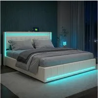 PXloue Polsterbett LED Doppelbett 140x200 cm (Inklusive USB-Typ-C-Ladeanschluss), Stauraumbett,mit Bettrahmen und 4 Schubladen,140x200cm,Leinen