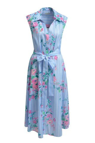 Milano Italy - sleeveless midi dress, v-neck w collar, shellfabric belt light blue print - Gr. - 34