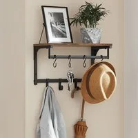 VASAGLE Wandgarderobe Garderobe mit Ablage, Wandregal, für Flur, Waschküche, 40 x 24 x 24 cm (1 St), 1er Set, 8 abnehmbare Haken, Industrie-Design, vintagebraun-schwarz