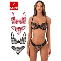 Elegant Love Set: Bügel-BH 2-teiliges Dessous-Set mit besticktem BH und Tanga (Packung, 2er-Pack) Reizwäsche-Set – Lingerie-Unterwäsche aus Mesh mit String