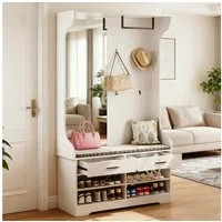 FUROKOY Kleiderständer Dielengarderobe, Wandgarderobe mit Spiegel, (Garderobenset mit Schuhschrank, 2 Schublade und Kleiderstange), für Flur, Wohnzimmer, Schlafzimmer, 104 x 35 x 180 cm, Weiß