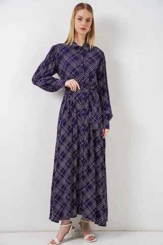 Kariertes Midi-Hemd Kleid mit Knopfverschluss