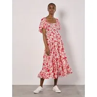 Apricot Midikleid Florales Sommerkleid mit Puffärmeln