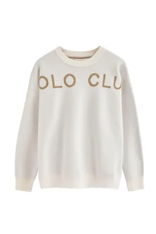 Strickpullover ecru mit Polo Club-Logo in Kontrastfarbe