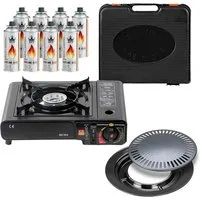 Mianova Camping-Gasgrill 1 flammig Campingkocher Gaskocher + 8 Gasflaschen Grillplatte Koffer, Gas Gaskocher Gaskartuschen BBQ Barbecue Campingherd Stromausfall Notkocher Grillplatte Herd Tischgrill, Outdoor Camping Notfallkocher Outdoor Grill Notfal
