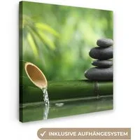 OneMillionCanvasses® Leinwandbild Zen - Stein - Grün - Natur - Bambus, Fotodruck (1 St), Wandbild, Deko Schlafzimmer Wohnzimmer Flur 20x20 cm
