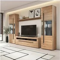 Lomadox Wohnwand TURDA-83, (4-St., Couchtisch Highboard Lowboard Sideboard Vitrine Wandregal), Eiche braun Metallgriffe inkl. LED Beleuchtung Softclose-Türen modern