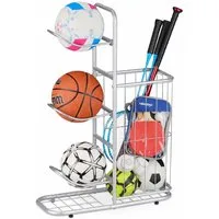 relaxdays Sportgeräte-Regalwagen Ballständer mit 3 Ablagen und Korb, silber
