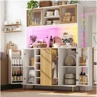 Flieks Küchenbuffet mit Steckdose, LED-Beleuchtung, Glasschiebetüren und Weinregal (Buffetschrank in Holzoptik mit Glasschiebetüren und Drahtgitter-Türen, 1-St., B120/T40/H170 cm) Hochschrank Küchenschrank Geschirrschrank mit verstellbarer Ablagen