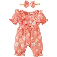 Lapastyle Strampler Kurzarm-Set für Baby Mädchen, Body mit Blumenmuster und Stirnband (Set, 2-tlg) Bequemer Krabbelanzug aus 100 % Baumwolle, Freizeitkleidung
