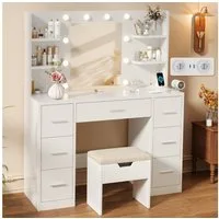 HOMALL Schminktisch mit Spiegel, LED-Beleuchtung, einstellbare Helligkeit, ostern (Langex Brete x Hthe) 90/110 x 40x 135 cm. B ofene Facher (2 seitiche Facher sind nach inks und rechts verschiebban. 2 groBe Schubladen)