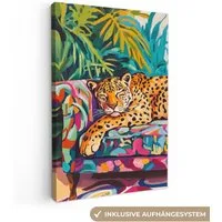 OneMillionCanvasses® Leinwandbild Leopard - Bunt - Tropisch, Fotodruck (1 St), Leinwand Canvas Wandbild, Wanddekoration 20x30 cm