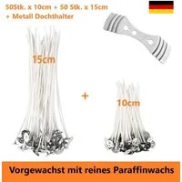 Bienenbiya Kerzenhalter Kerzendocht 100 Stk. 10 cm + 15 cm lang mit Metallfuß (100% natürlich aus Baumwolle, 100 St., Candle Wick, Runddocht, Teelichtdochte für DIY Kerzenherstellung), Rauchfrei, ohne gefährliche Stoffe