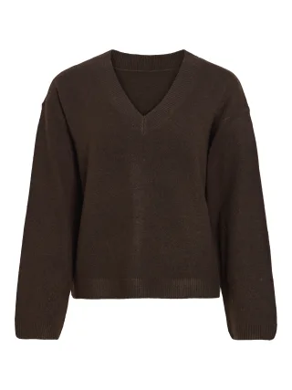 VILA - VILIGA L/S REV V-NECK KNIT TOP - NOOS Coffee Bean - Gr. - M