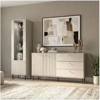 Lomadox Wohnzimmer-Set SALOU-131, (Mega-Spar-Set, 2-St., Vitrine Sideboard), in Kaschmir matt mit Rilenfront, modern, Knopfgriffe