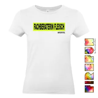 FIREFUN - Damen T-Shirt mit Aufschrift "FACHBERATERIN FLEISCH" 2XL MIT Untertitel (max. 20 Zeichen) Hinten (Rücken) navy MIT Silberstreifen (Reflexoptik)