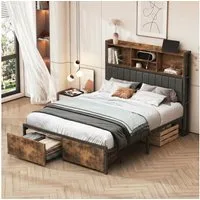 Simurq Bettgestell LED Stauraumbett 160x200 cm mit USB, Kopfteilregal und 2 Schubladen (Set, 1-tlg) (Doppelbett 160x200mit Lattenrost, ohne Matratze), Jugendbett,Schubladenbett,Industriebett,Metallbett