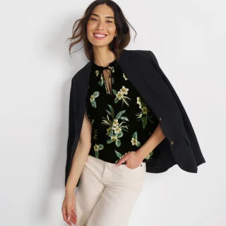 Top aus Leinenmix mit Bindekragen, Damen,  Schwarz, Leinen, by Lands' End