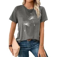 PYLIKE Kurzarmshirt Damen Sommer Casual bequemes t shirt mit Löwenzahn Print-Shirt Bequem für Freizeit und Büro,Strandurlaub