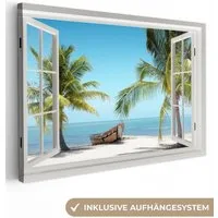 OneMillionCanvasses® Leinwandbild Aussicht - Strand - Palme - Boot - Tropisch - Meer - Blau, Fotodruck (1 St), Leinwand Bilder Klein, Wand Dekoration Aesthetic 30x20 cm