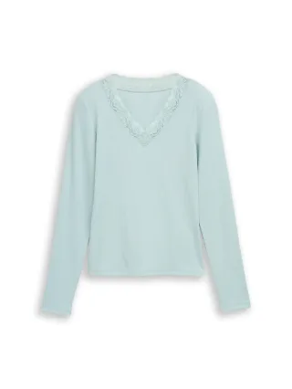 Denim Tom Tailor - Langarmshirt mit Spitze silver cloud blue - Gr. - L