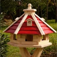 Holzdekoladen Vogelhaus Vogelhaus aus Holz Optional mit Ständer & Solarlicht weiß – sechseckig