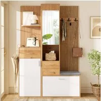 Merax Garderoben-Set mit Sitzbank, Schuhschrank, Spiegel, Klappschuhfach & Schubladen, (120 x 32 x 178 cm (L x B x H), 1-St), Kompaktgarderobe mit LED-Beleuchtung, Flurgarderobe mit Kleiderhaken