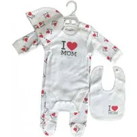 EplusM Shirt & Hose 4-teiliges Baby-Bekleidungs-Set 'I Love MOM', Body, Strampler, Mütze, (Set, 4-tlg., Body, Strampler, Mütze, Lätzchen)