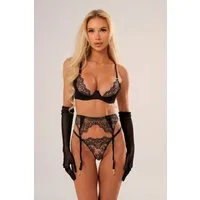 Elegant Love Set: Bügel-BH Besticktes Dessous-Set aus Spitze mit Strapsen – Lingerie-Set (Set, 3-tlg., BH + Strumpfgürtel + String) Stilvolle Reizwäsche – Damenunterwäsche für romantische Abende