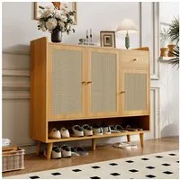 Flieks Schuhschrank 3 Rattan-Türen und Schubladen (Maße: B120/H106/T35 cm, 1-St., mit Metallgriffen und Massivholzbeinen) Schuhkommode Schuhregal mit verstellbaren Einlegeböden Holzschrank