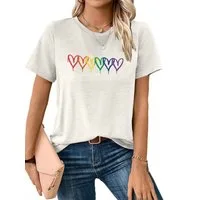 PYLIKE Kurzarmshirt Damen Casual bequemes t shirt mit Regenbogenherzen Print-Shirt Bequem für Freizeit und Büro,Strandurlaub