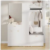 Flieks Garderoben-Set Spiegel & Kleiderhaken, Schuhschrank mit SItzkissen und Klappen, (B150xT36xH180 cm, Schrank mit verstellbaren Einlegeböden), Kompaktgarderobe Einganschrank Flurmöbel-Set Weiß