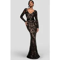 Goddiva Maxikleid Embroidered Sequin & Mesh Maxi Dress Langes Kleid, V-Ausschnitt, transparente Ärmel