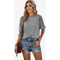 Imily Bela T-Shirt Damen Locker mit 3/4-Ärmeln und gerafften Bündchen (Packung, 1-tlg., 1per-Pack) mit Rundhalsausschnitt in Unifarbe