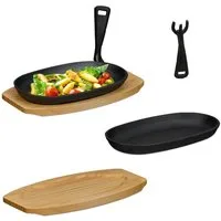 relaxdays Servierpfanne Holzuntersetzer 2er Set, Gusseisen (2-tlg., 2er Set)