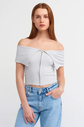 Damen Carmenausschnitt Crop-Top mit Reißverschluss
