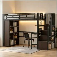 REDOM Hochbett mit robustem Eisenrahmen, LED-Beleuchtung (mit Schreibtisch, Ablage und Treppenregalen, Funktionsbett Metallbett, 140x200 cm) ohne Matratze